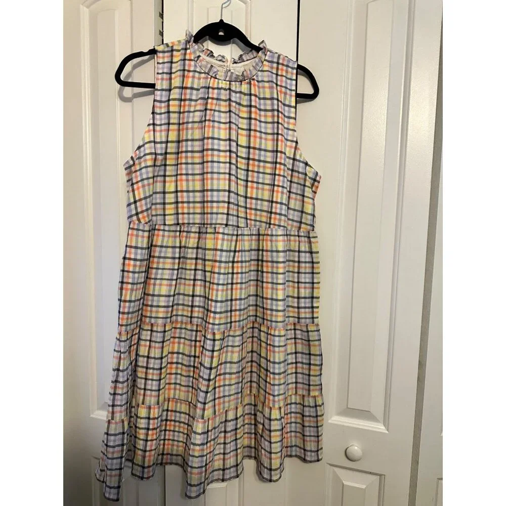 Loft Sleeveless Pastel Plaid Tiered Dress With Ruffle Neckline L‎